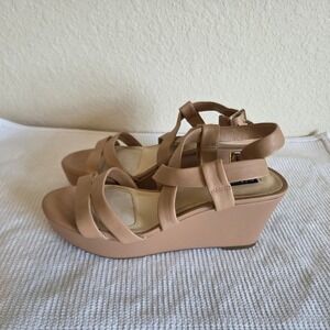 Alex Marie Tan Leather Strappy Platform Wedge Sandals Womens Size 9M Nude Heel
